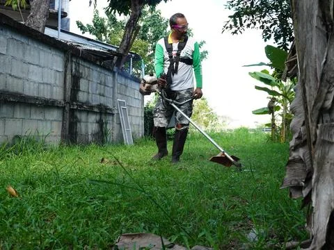 Man Using Brush Cutter to Mow Tall Grass for Yard Maintenance and Gardening. Stock Photos