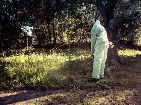 Man using brush cutter Stock Photos