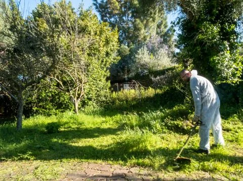 Man using brush cutter Stock Photos