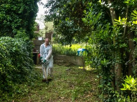 Man using brush cutter Stock Photos