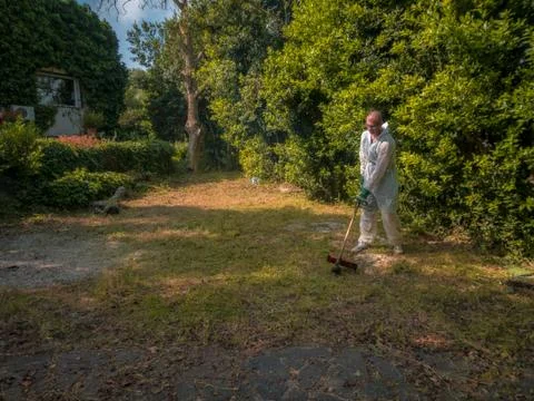 Man using brush cutter Stock Photos