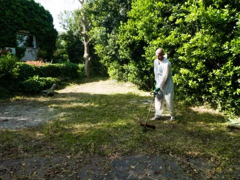 Man using brush cutter Stock Photos