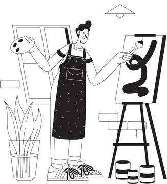 Man using a brush to paint abstract art on canvas Stock-Illustration