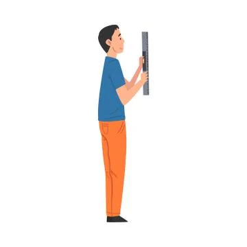 Man Using Bubble Level, Home Renovation, Male Construction Worker Character with Illustrazione stock