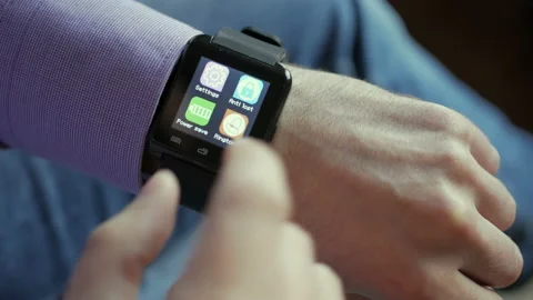 Man Using Calendar App Smart Watch to Check Schedule. Close up. Businessman u Видео 95732437