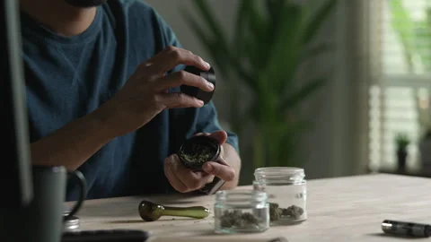Man using cannabis grinder Stock Footage 333179536
