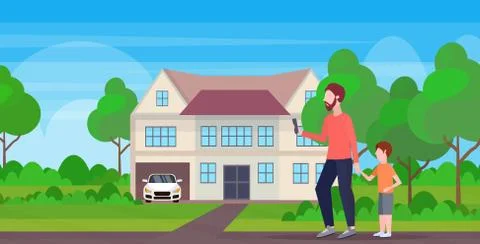 Man using cellphone while walking outdoor with little child son want attention Ilustração Stock