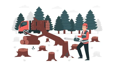 Man using a chainsaw to cut down trees as a job animation 4k Stock Footage 252246140
