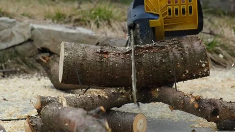 A man using a chainsaw to cut a log or tree Stock Footage 312870980