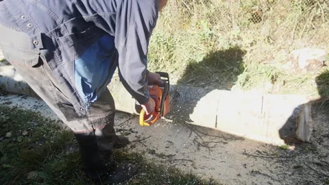 Man using chainsaw in sunny clearing, lumberjack in rural area trimming fallen Stock Footage 319402610