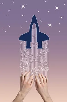 Man using circuit board pattern to launch illustration of rocket on gradien.. Stock Photos