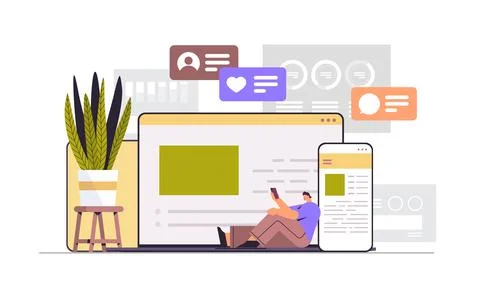 Man using computer and mobile chatting apps online communication social media Stock Illustration