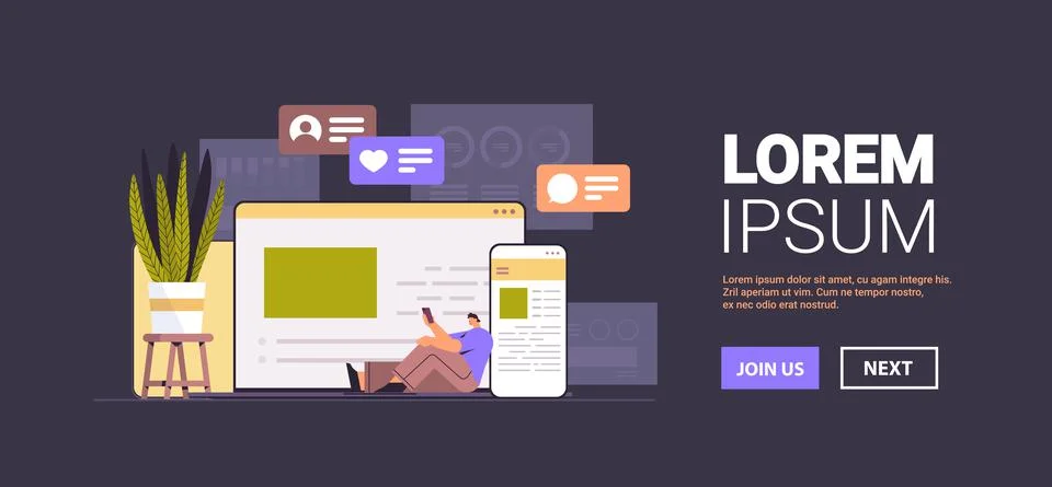 Man using computer and mobile chatting apps online communication social media Stock Illustration