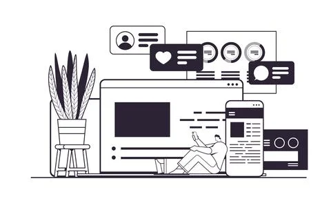 Man using computer and mobile chatting apps online communication social media Stock Illustration