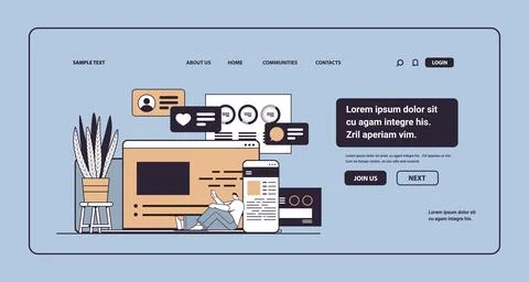 Man using computer and mobile chatting apps online communication social media Illustrazione stock