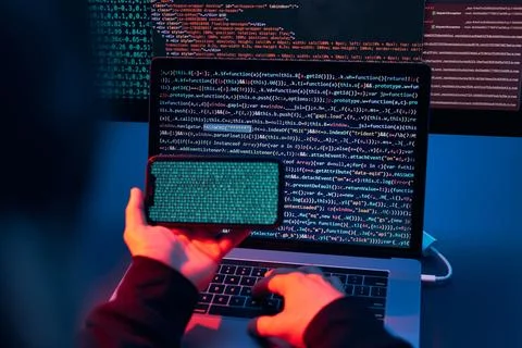 Man using computer and programming  to break code. Cyber security threat. I.. 스톡 사진