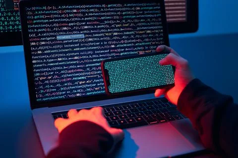 Man using computer and programming  to break code. Cyber security threat. I.. 스톡 사진