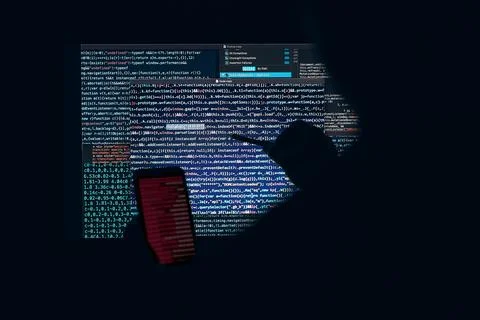 Man using computer and programming  to break code. Cyber security threat. I.. Foto stock