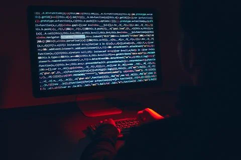 Man using computer and programming  to break code. Cyber security threat. I.. 写真素材