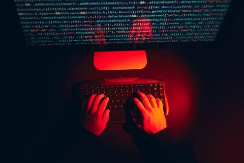 Man using computer and programming  to break code. Cyber security threat. I.. 스톡 사진