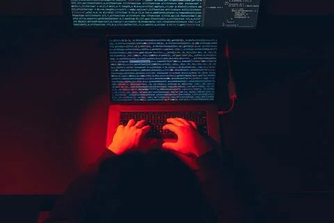 Man using computer and programming  to break code. Cyber security threat. I.. 스톡 사진