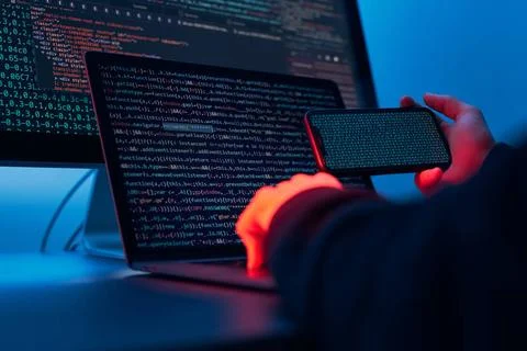 Man using computer and programming to break code. Cyber security threat. I... 스톡 사진