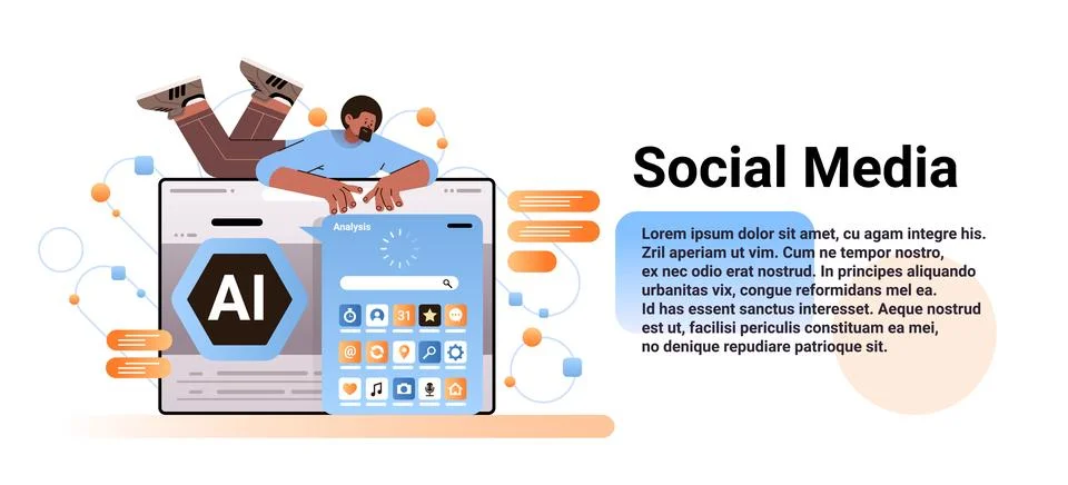 Man using computer apps on screen social media communication digital addiction Stock Illustration