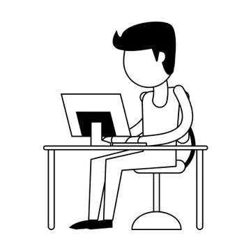 Man using computer in black and white 스톡 일러스트