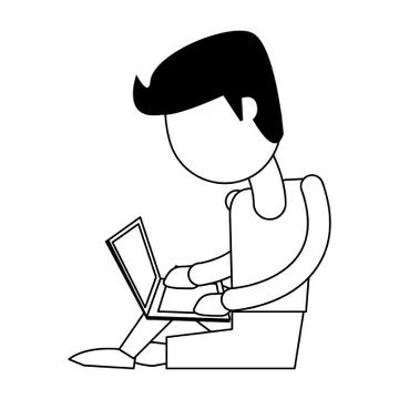 Man using computer in black and white Stock Illustration