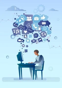 Man Using Computer With Chat Bubble Of Social Media Icons Network Communication 스톡 일러스트