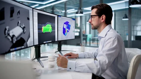 Man Using Computer To Check Aerodynamics Of Car Design Stock Footage 333847313