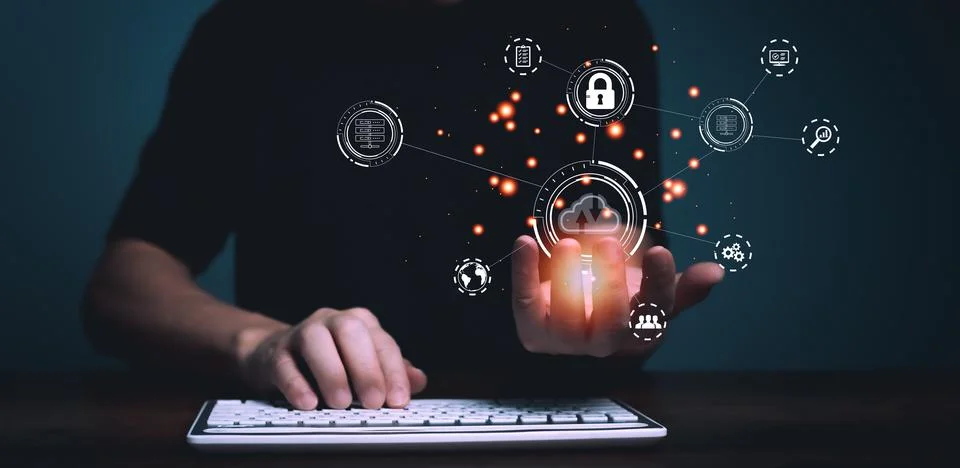 Man using computer with cloud computing diagram show on hand, Cloud technolog Stock Photos