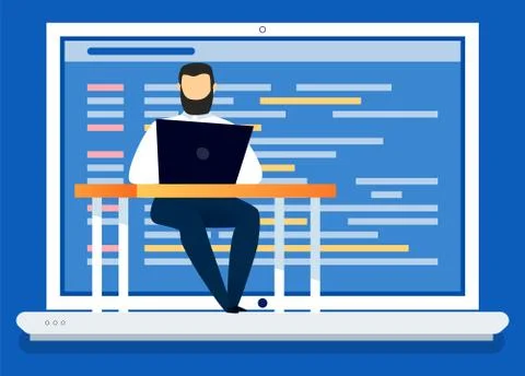 Man Using Computer Coding and Programming Vector Stock Illustration