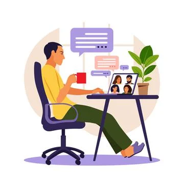 Man using computer for collective virtual meeting and group video conference. Stock Illustration