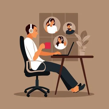 Man using computer for collective virtual meeting and group video conference. Stock Illustration