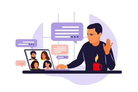 Man using computer for collective virtual meeting and group video conference. イラスト素材