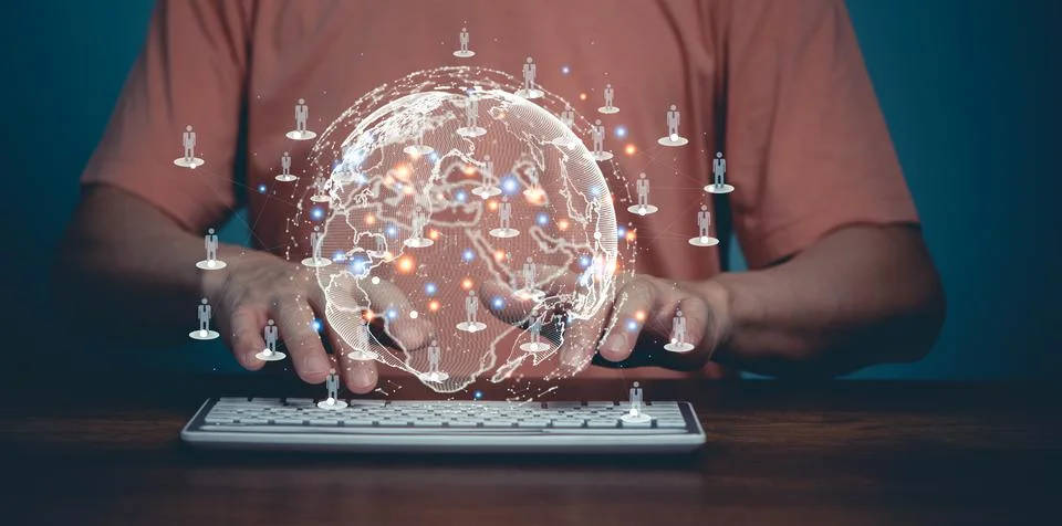 Man Using computer communication with other people on the global cyber space  Stock Photos