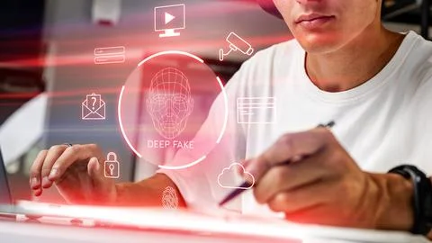 Man using computer with digital graphics related to deep fake technology in a Stock Photos
