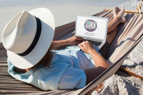 Man using a computer with e-learning information in the screen Foto stock