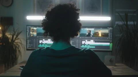 Man using computer to edit footage in evening Stockfoto's