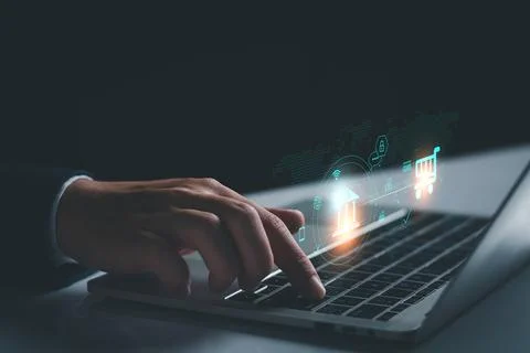 Man using computer laptop for online banking, Online shopping, currency excha Stock Photos