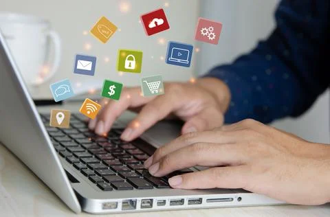 Man using computer laptop payment shopping online and network connection icon Stock Photos
