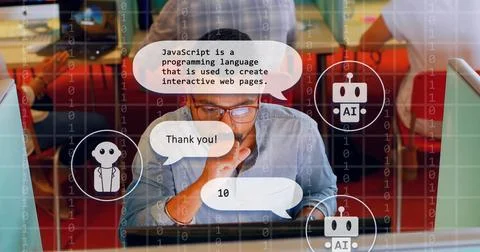 Man using computer, learning JavaScript programming language with AI assistance Stock Photos