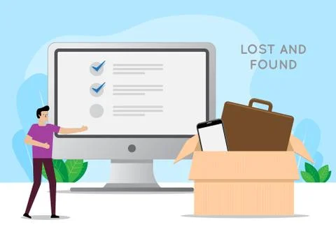 Man using computer to look for lost and found Stock Illustration