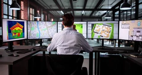 Man Using Computer To Map Multiple Property Locations With Cadastre Software. Stock Photos
