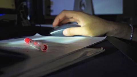 Man Using Computer Mouse In Dark Office Stock Footage 334100446