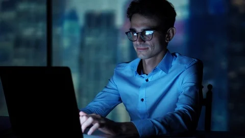 Man Using Computer At Night, Internet Addiction, Social Networks, Gaming Stock Footage 93296413