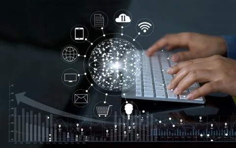Man using computer payments online shopping and icon customer network connect Stock Photos