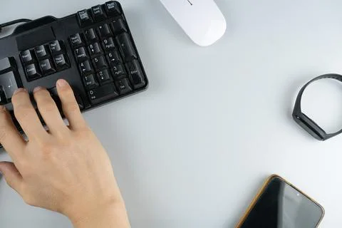 Man using computer searching Browsing Internet Data Information.Networking .. Stock-Fotos