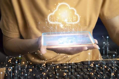 Man using computer showing cloud computing diagram in hand cloud technology.. Stock Photos